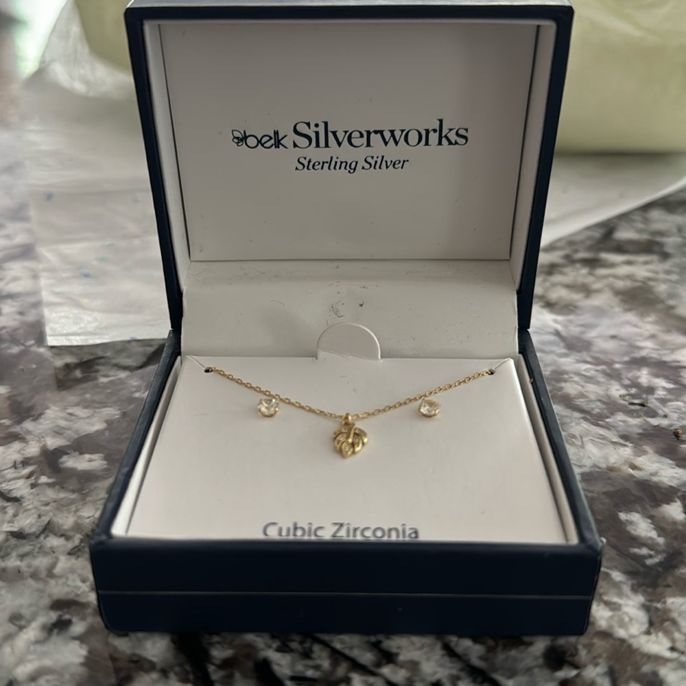 NIB Delicate Gold plated sterling silver Leaf necklace CZ Earring set.